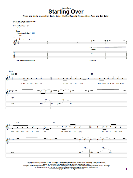 Korn Starting Over sheet music notes and chords. Download Printable PDF.