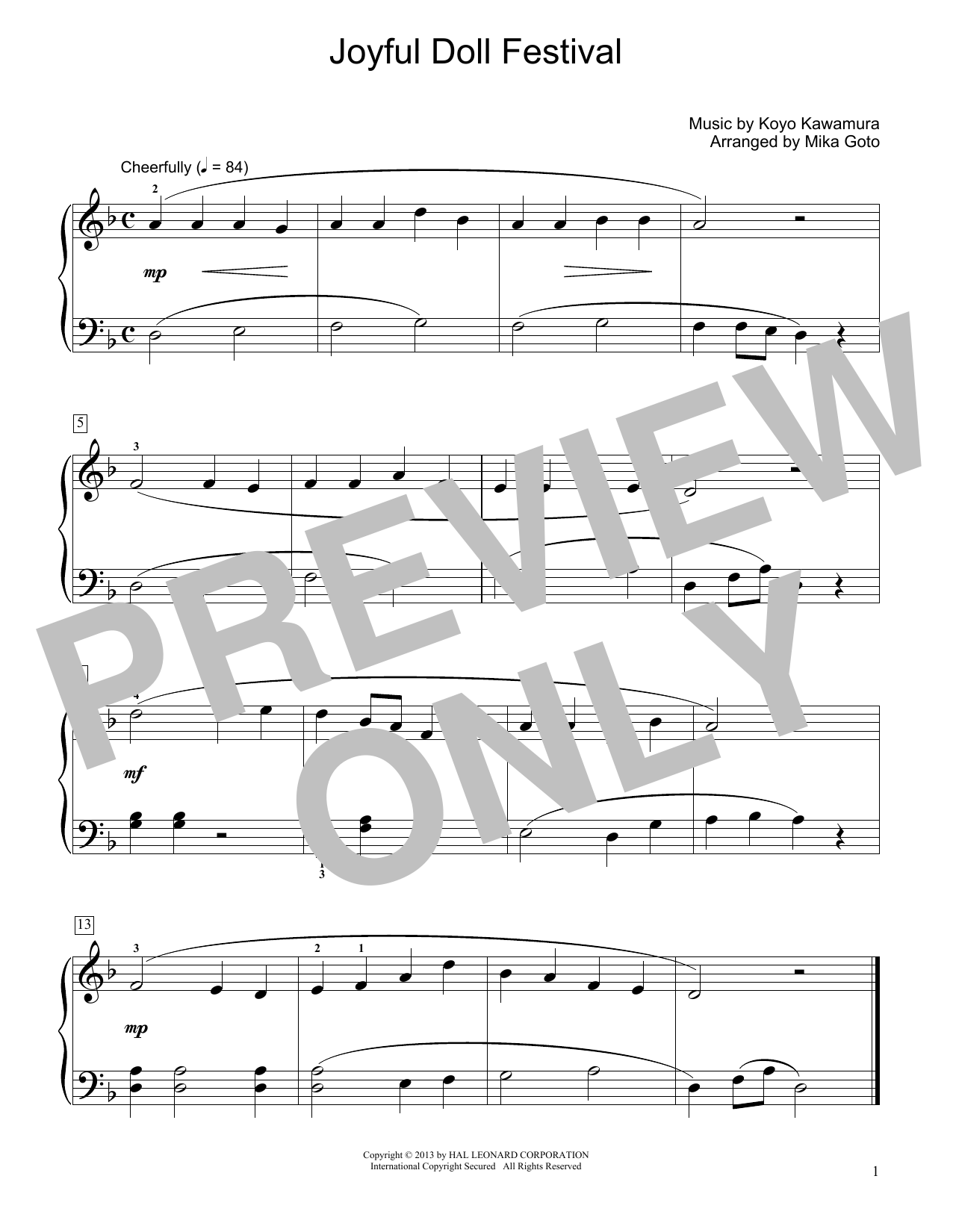 Learn to play Koyo Kawamura Joyful Doll Festival (arr. Mika Goto) sheet music for Educational Piano in minutes. Price: 6.9900$ Koyo Kawamura Joyful Doll Festival (arr. Mika Goto) sheet music notes and chords arranged for Educational Piano