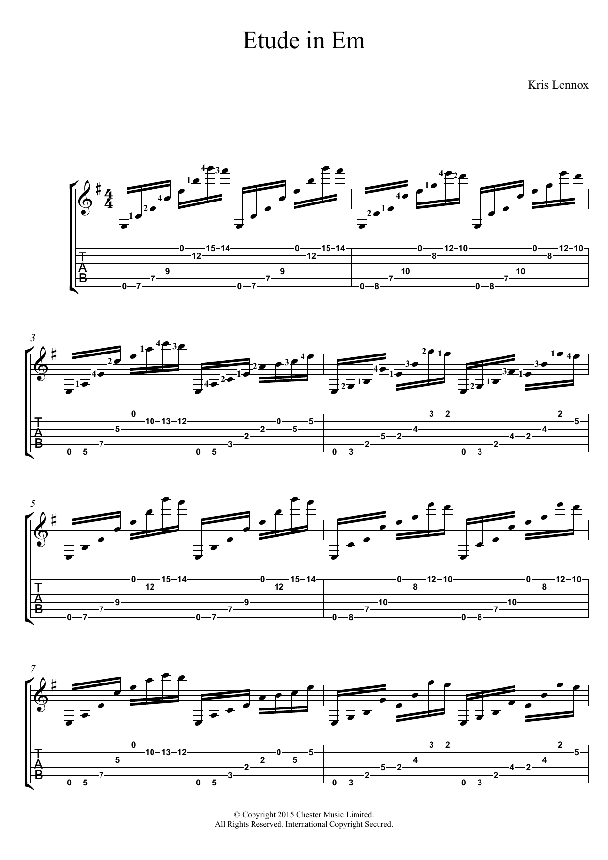 Learn to play Kris Lennox Etude In Em sheet music for Guitar Tab in minutes. Price: 7.8900$ Kris Lennox Etude In Em sheet music notes and chords. Download Printable PDF.