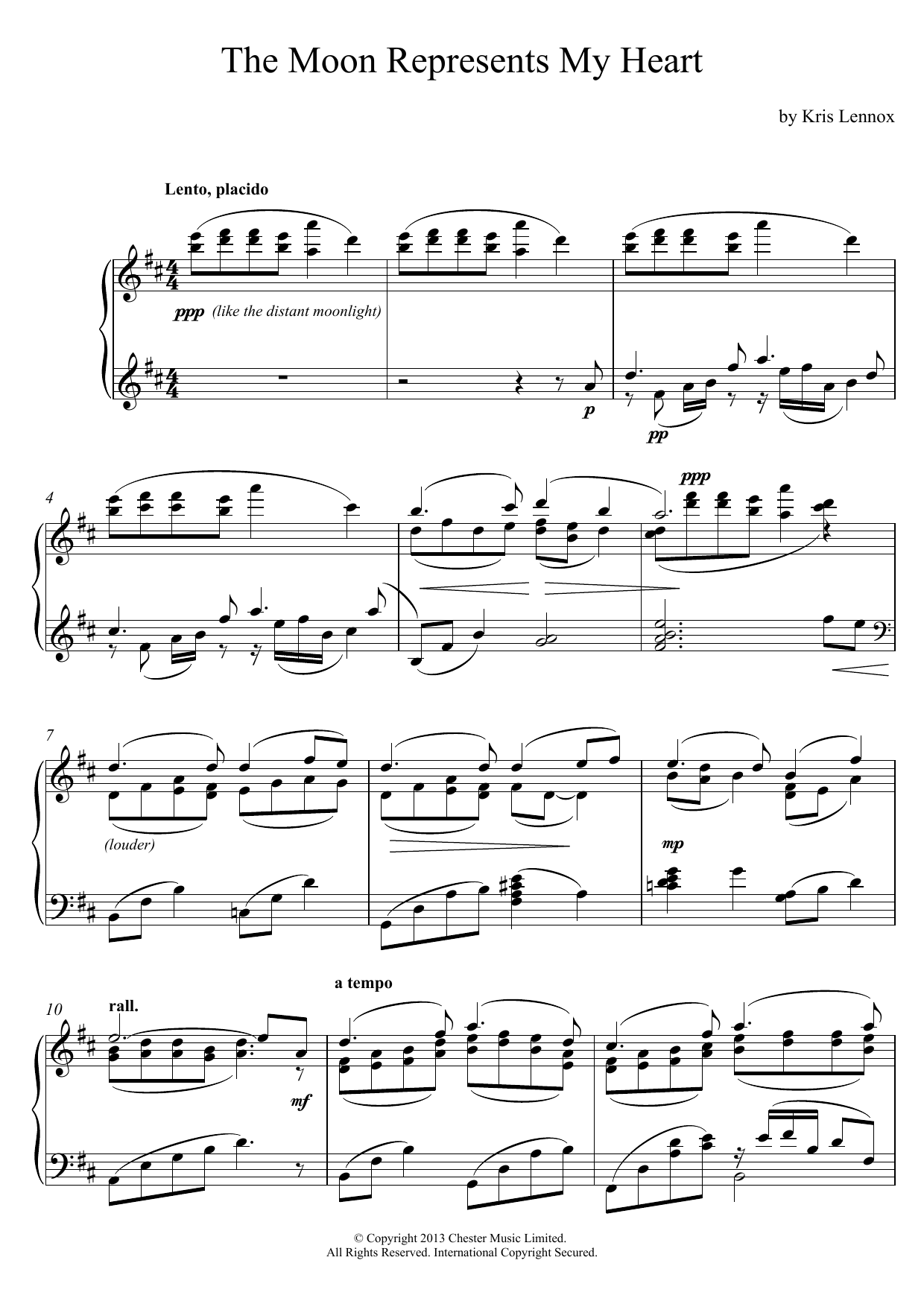 Learn to play Kris Lennox The Moon Represents My Heart sheet music for Piano Solo in minutes. Kris Lennox The Moon Represents My Heart sheet music notes and chords. Download Printable PDF.