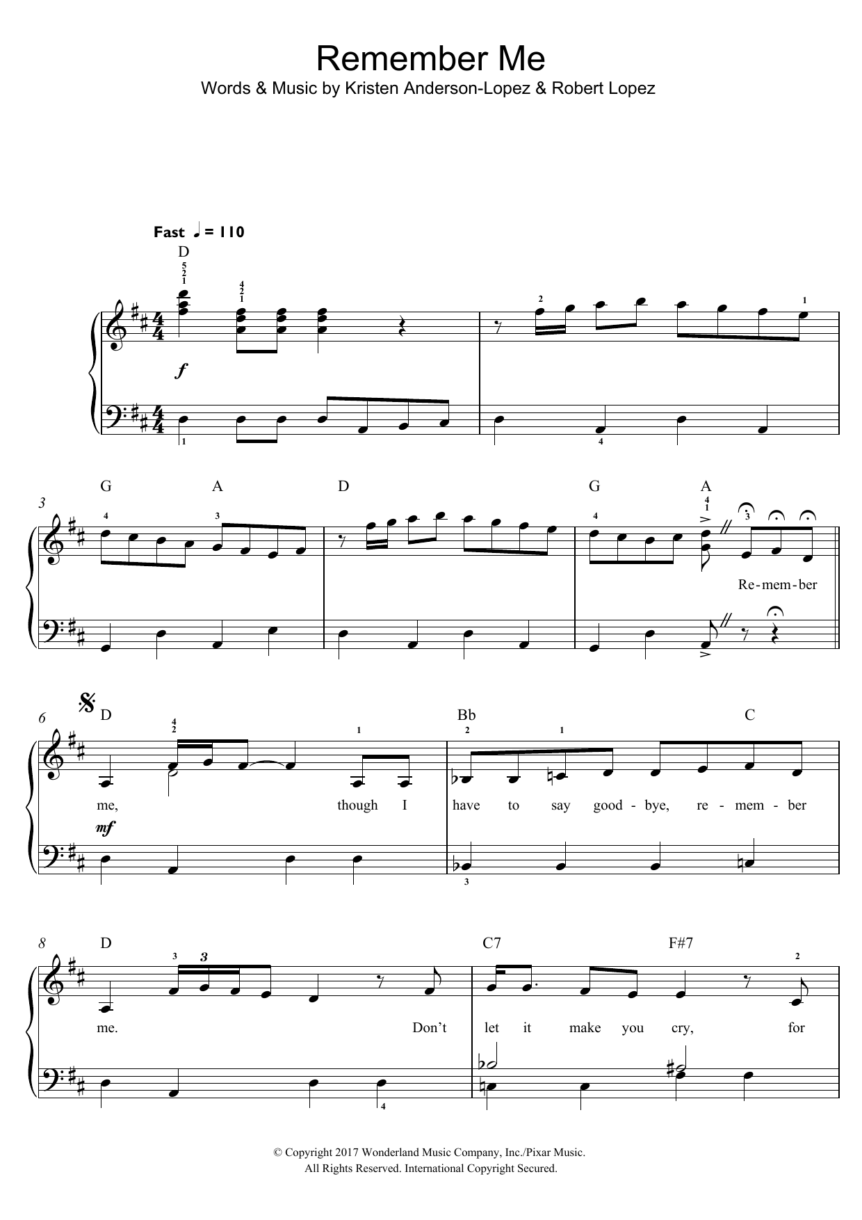 Kristen Anderson-Lopez & Robert Lopez Remember Me (Ernesto de la Cruz) (from Coco) sheet music notes and chords. Download Printable PDF.