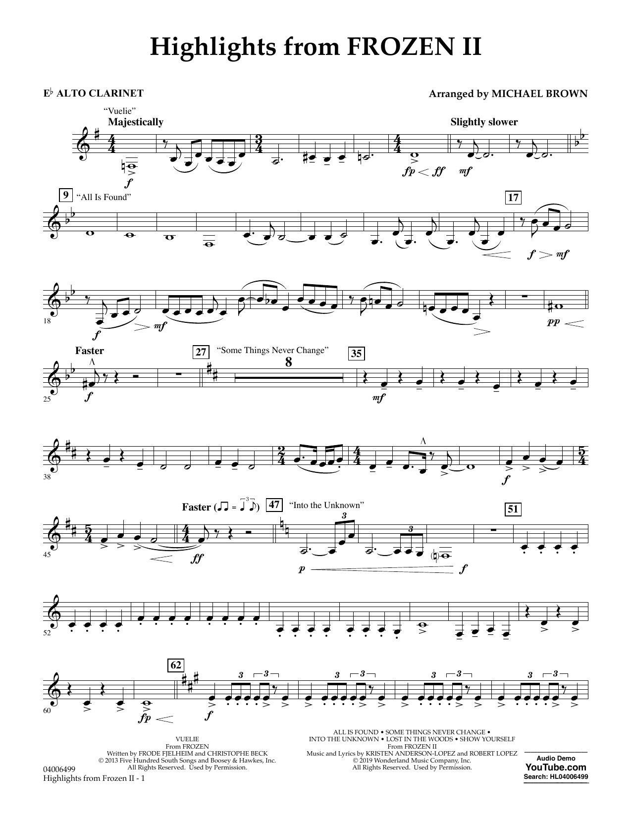 Learn to play Kristen Anderson-Lopez & Robert Lopez Highlights from Disney's Frozen 2 (arr. Michael Brown) - Eb Alto Clarinet sheet music for Concert Band in minutes. Kristen Anderson-Lopez & Robert Lopez Highlights from Disney's Frozen 2 (arr. Michael Brown) - Eb Alto Clarinet sheet music notes and chords. Download Printable PDF.