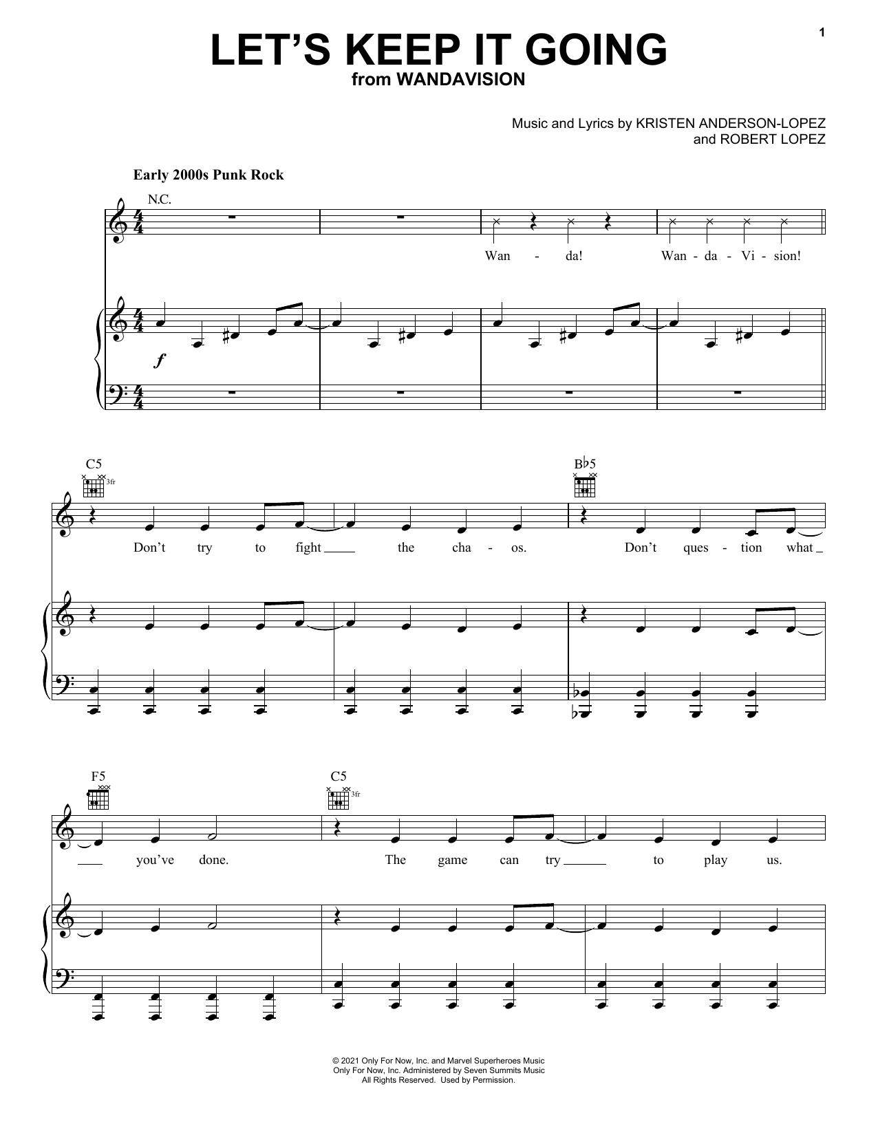 Learn to play Kristen Anderson-Lopez & Robert Lopez Let's Keep It Going (from WandaVision) sheet music for Piano, Vocal & Guitar Chords (Right-Hand Melody) in minutes. Price: 6.9900$ Kristen Anderson-Lopez & Robert Lopez Let's Keep It Going (from WandaVision) sheet music notes and chords arranged for Piano, Vocal & Guitar Chords (Right-Hand Melody)