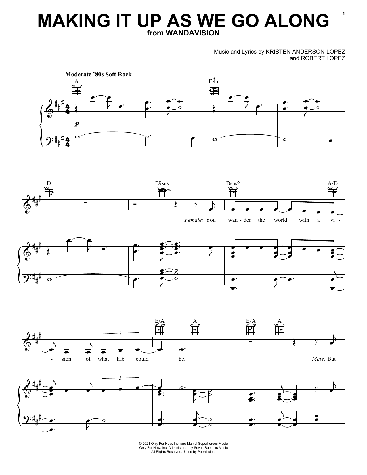 Learn to play Kristen Anderson-Lopez & Robert Lopez Making It Up As We Go Along (from WandaVision) sheet music for Piano, Vocal & Guitar Chords (Right-Hand Melody) in minutes. Price: 6.9900$ Kristen Anderson-Lopez & Robert Lopez Making It Up As We Go Along (from WandaVision) sheet music notes and chords arranged for Piano, Vocal & Guitar Chords (Right-Hand Melody)