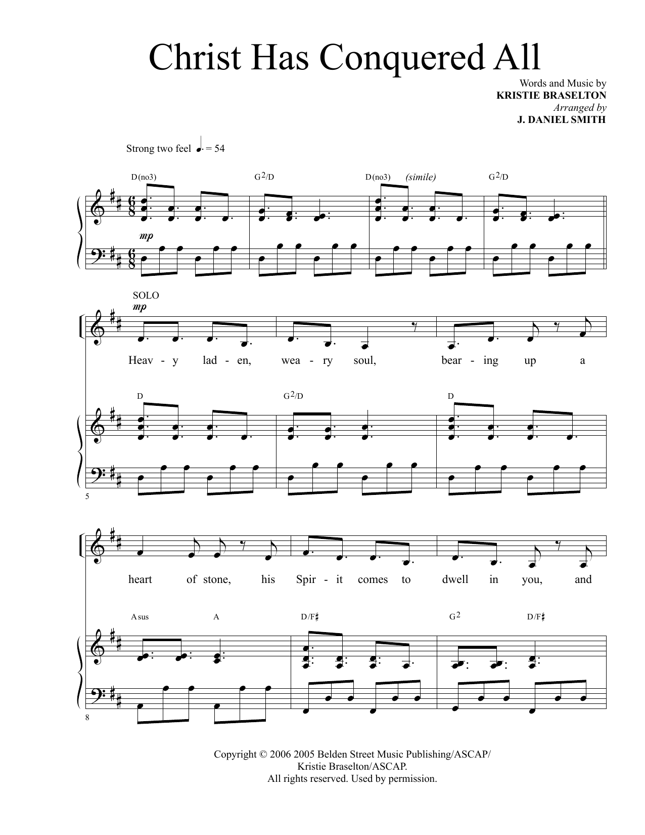 Learn to play Kristie Braselton Christ Has Conquered All (arr. J. Daniel Smith) sheet music for SATB Choir in minutes. Price: 3.9900$ Kristie Braselton Christ Has Conquered All (arr. J. Daniel Smith) sheet music notes and chords arranged for SATB Choir