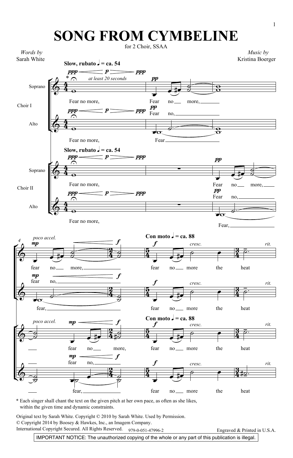 Kristina Boerger Song From Cymbeline sheet music notes and chords. Download Printable PDF.