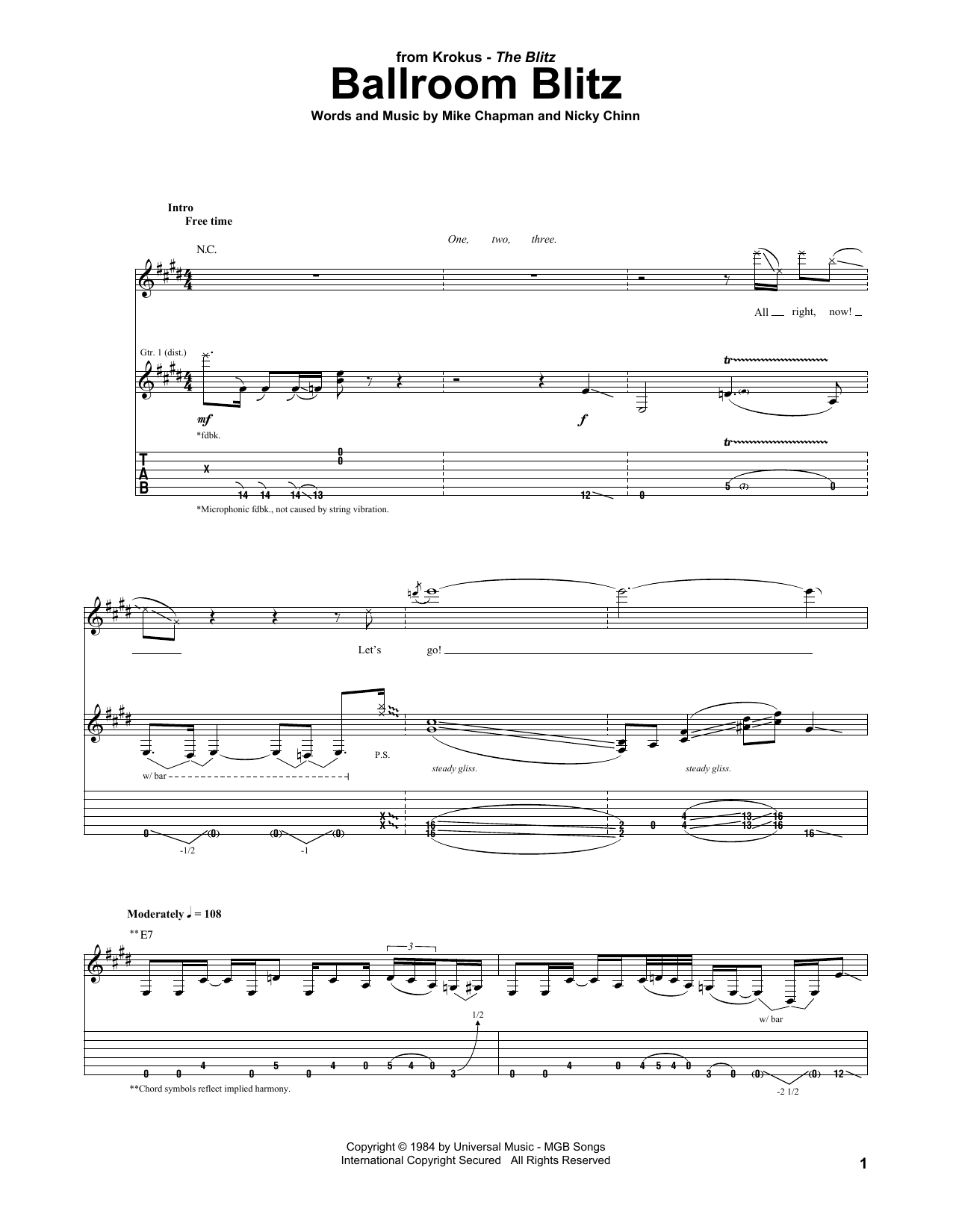 Krokus Ballroom Blitz sheet music notes and chords. Download Printable PDF.