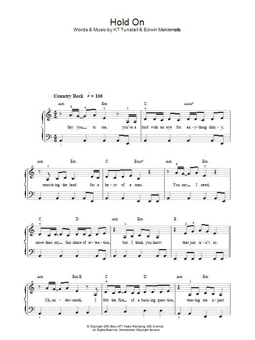 KT Tunstall Hold On sheet music notes and chords. Download Printable PDF.