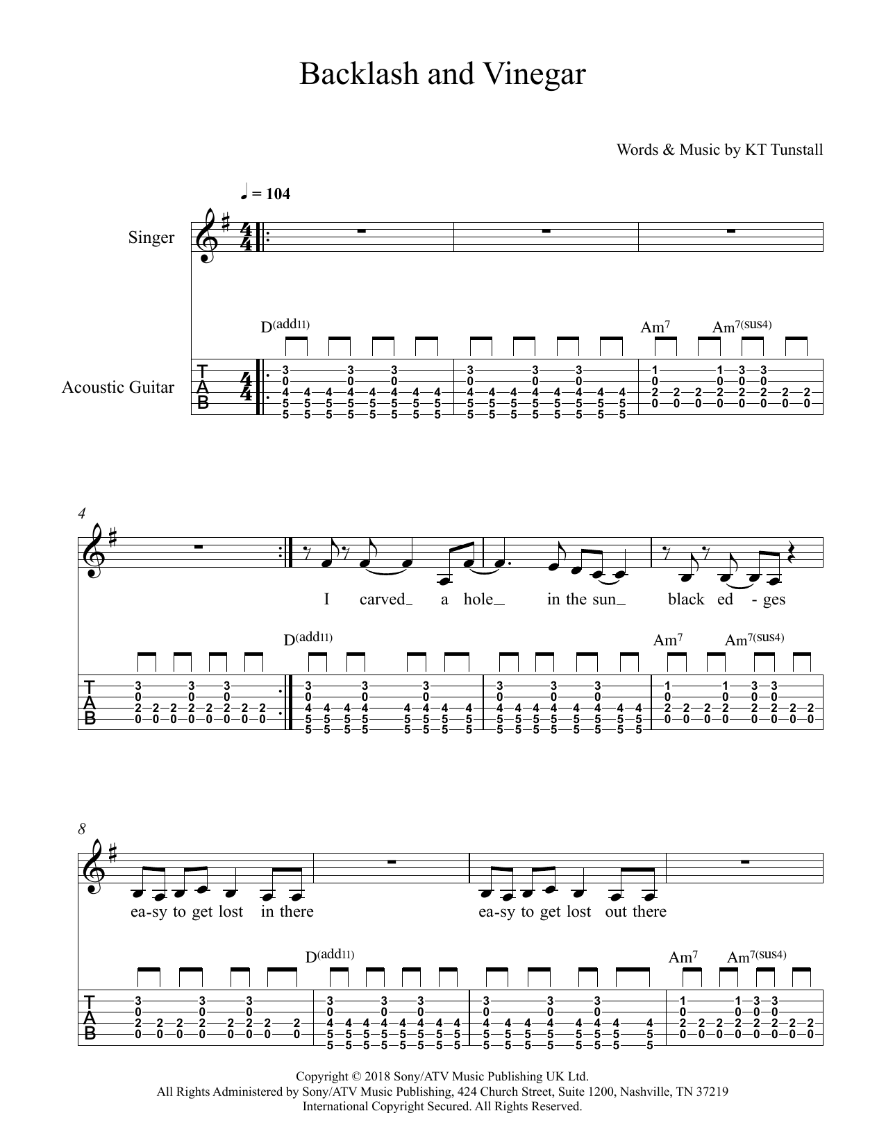 KT Tunstall Backlash & Vinegar sheet music notes and chords. Download Printable PDF.