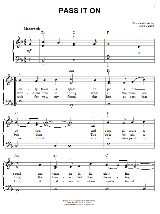 Learn to play Kurt Kaiser Pass It On sheet music for Piano, Vocal & Guitar (Right-Hand Melody) in minutes. Kurt Kaiser Pass It On sheet music notes and chords. Download Printable PDF.