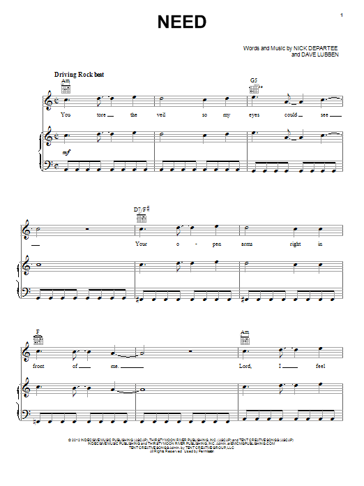 Kutless Need sheet music notes and chords. Download Printable PDF.