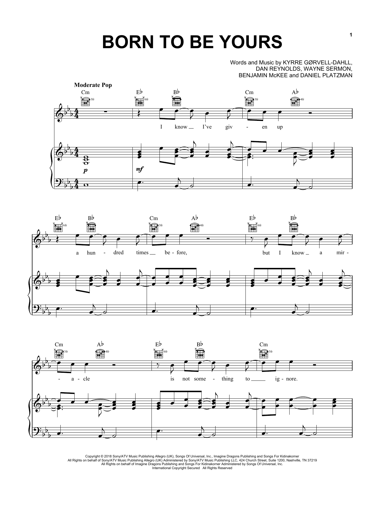 Kygo & Imagine Dragons Born To Be Yours sheet music notes and chords. Download Printable PDF.