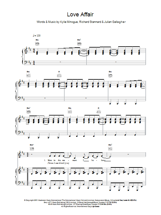 Kylie Minogue Love Affair sheet music notes and chords arranged for Piano, Vocal & Guitar Chords