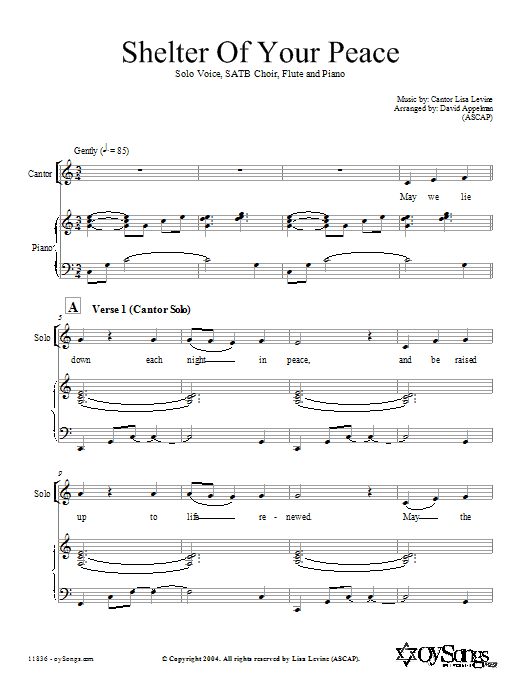 Learn to play Cantor Lisa Levine Shelter Of Your Peace (arr. David Appelman) sheet music for SATB Choir in minutes. Price: 3.9900$ Cantor Lisa Levine Shelter Of Your Peace (arr. David Appelman) sheet music notes and chords arranged for SATB Choir