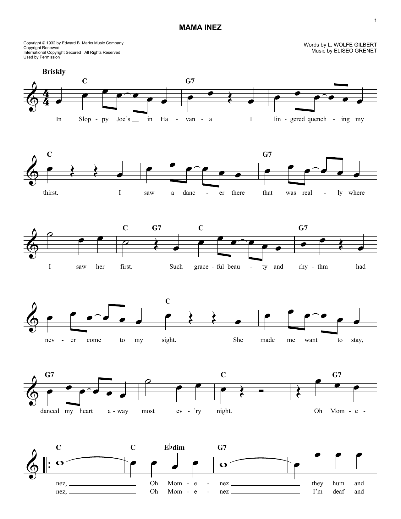 L. Wolfe Gilbert Mama Inez sheet music notes and chords. Download Printable PDF.