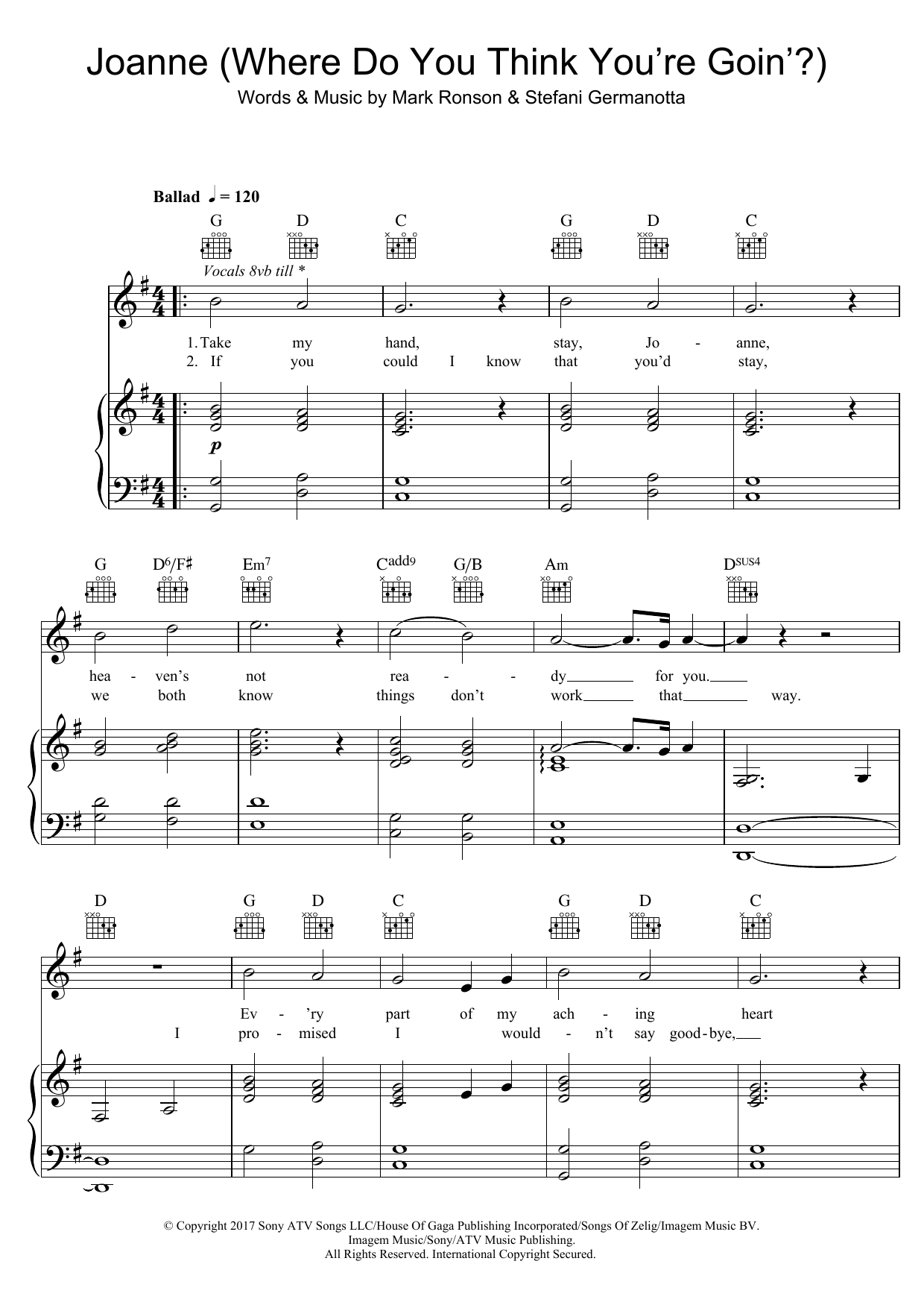 Lady Gaga Joanne (Where Do You Think You're Goin'?) (piano version) sheet music notes and chords. Download Printable PDF.