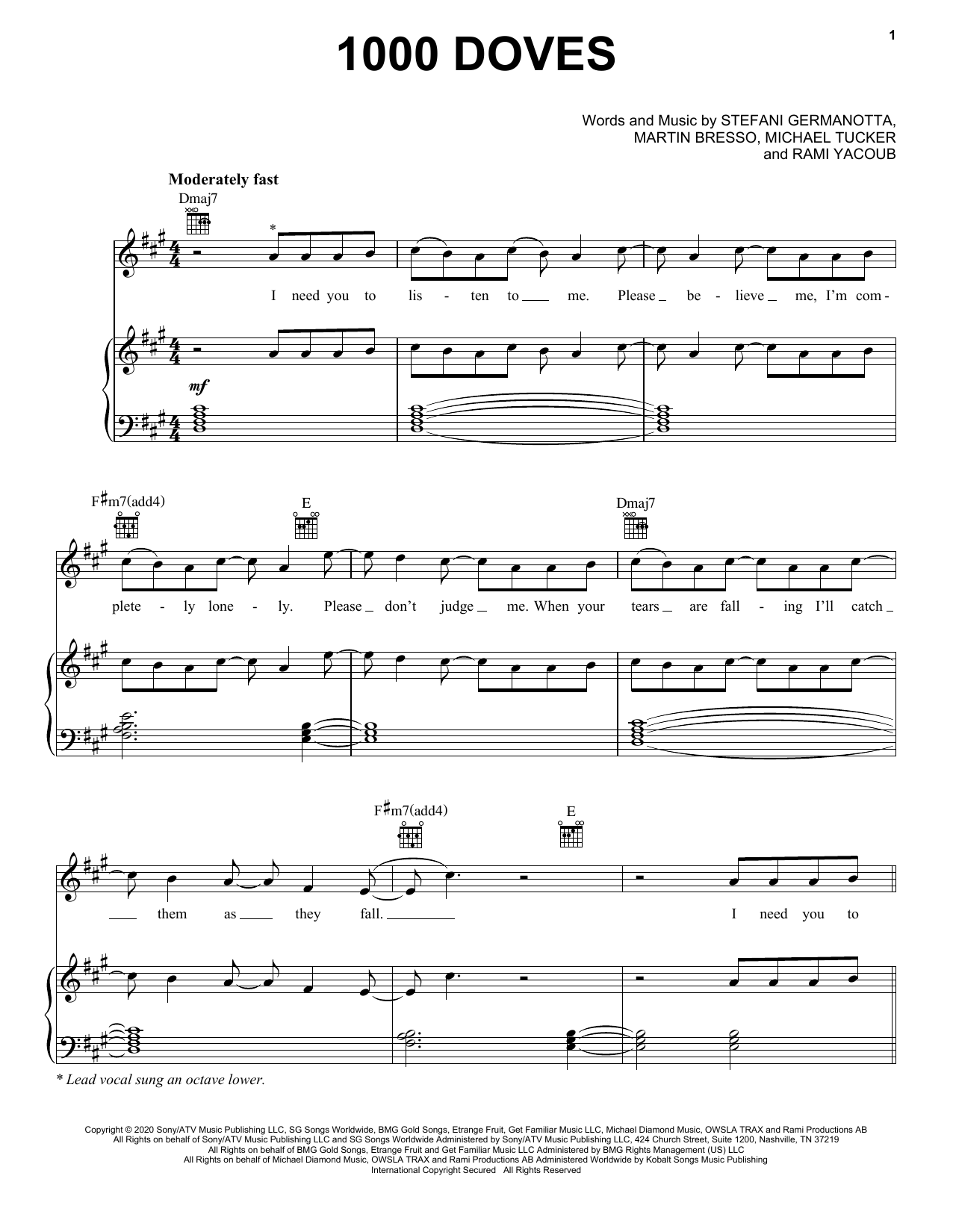 Lady Gaga 1000 Doves sheet music notes and chords. Download Printable PDF.