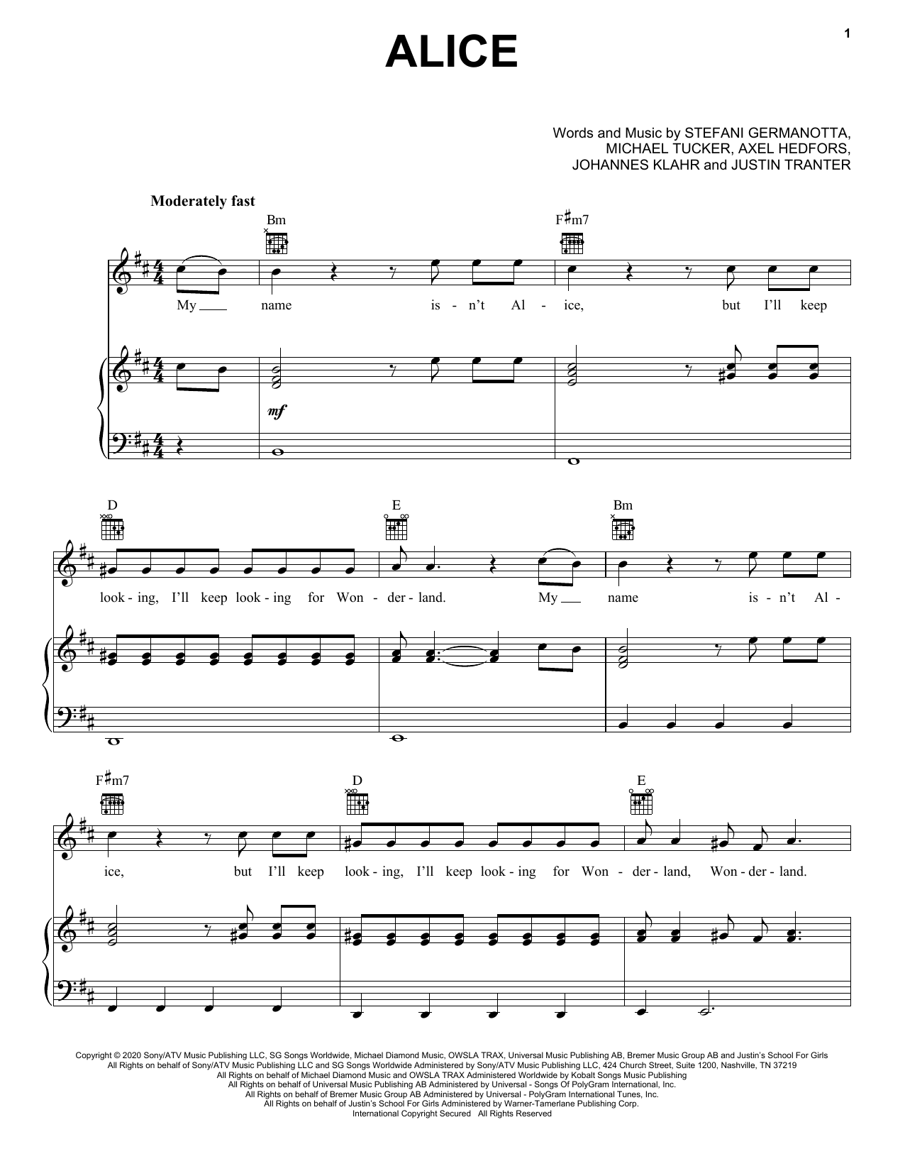 Lady Gaga Alice sheet music notes and chords. Download Printable PDF.