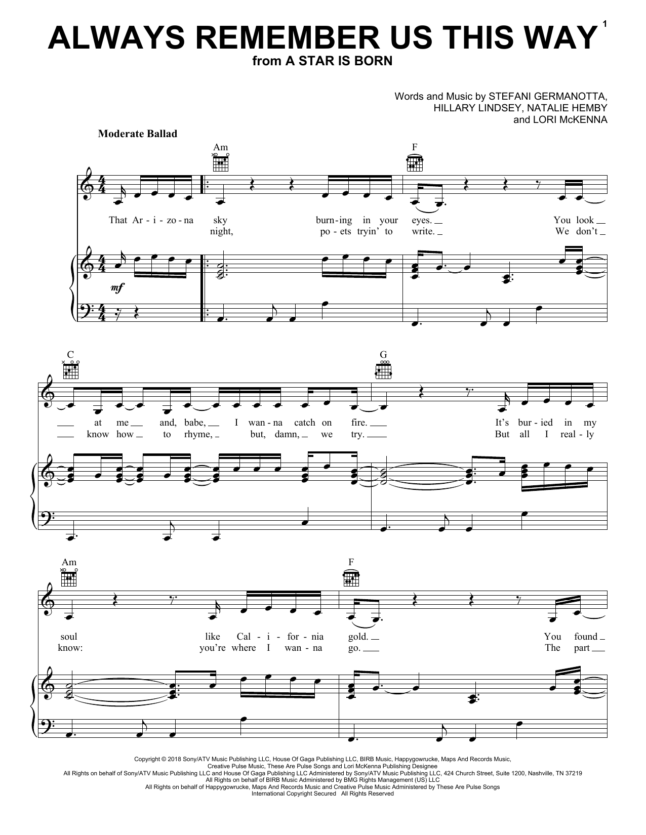 Lady Gaga 'Always Remember Us This Way (from A Star Is Born)' Sheet