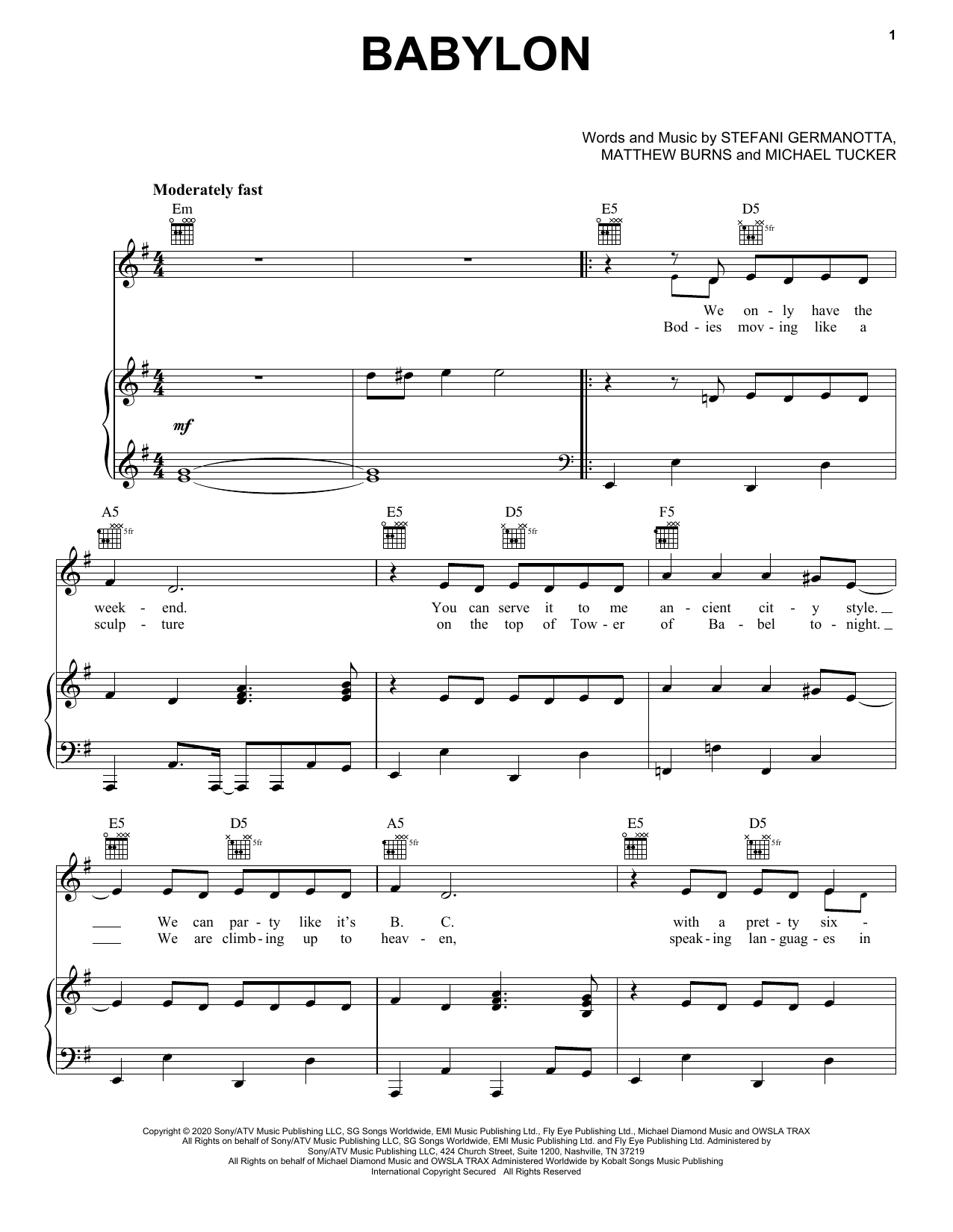 Lady Gaga Babylon sheet music notes and chords. Download Printable PDF.