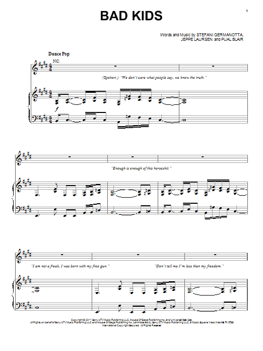 Lady Gaga Bad Kids sheet music notes and chords. Download Printable PDF.