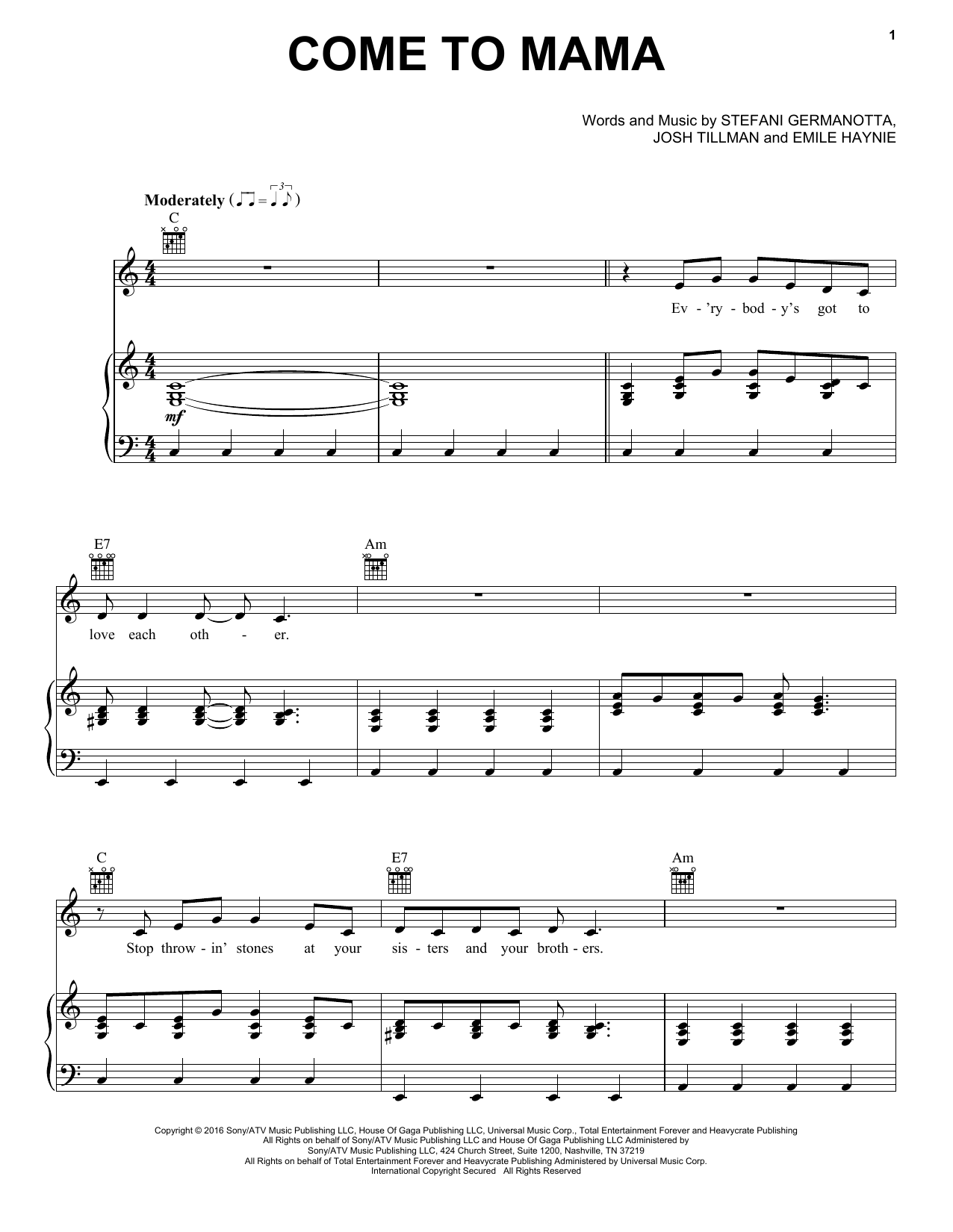 Lady Gaga Come To Mama sheet music notes and chords. Download Printable PDF.