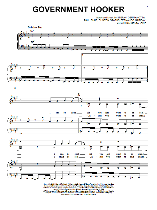 Lady Gaga Government Hooker sheet music notes and chords. Download Printable PDF.