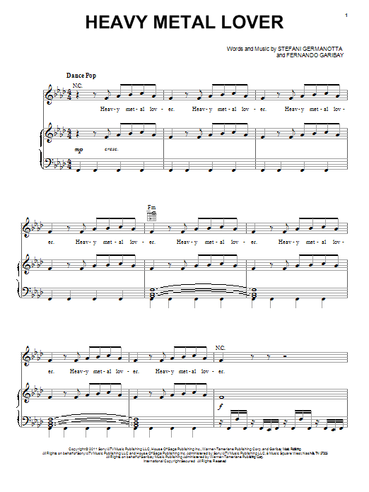 Lady Gaga Heavy Metal Lover sheet music notes and chords. Download Printable PDF.