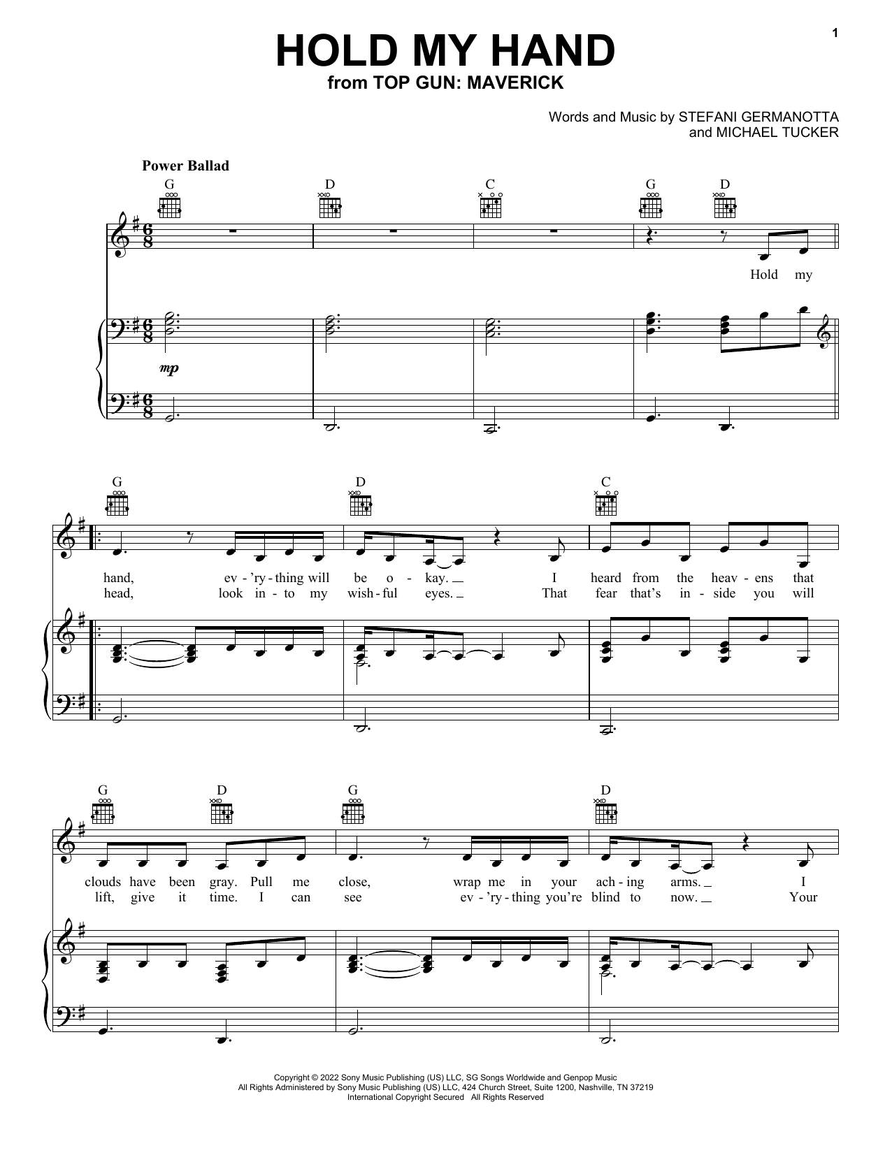 Lady Gaga Hold My Hand sheet music notes and chords. Download Printable PDF.
