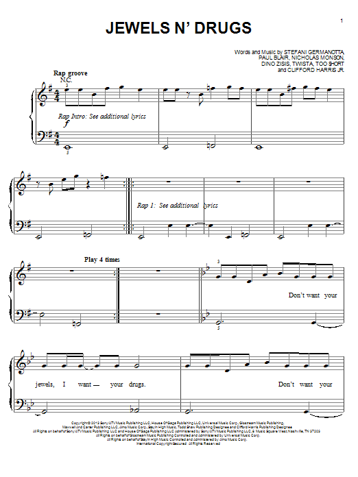 Lady Gaga Jewels N' Drugs sheet music notes and chords. Download Printable PDF.