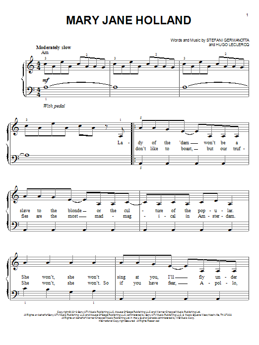 Lady Gaga Mary Jane Holland sheet music notes and chords. Download Printable PDF.