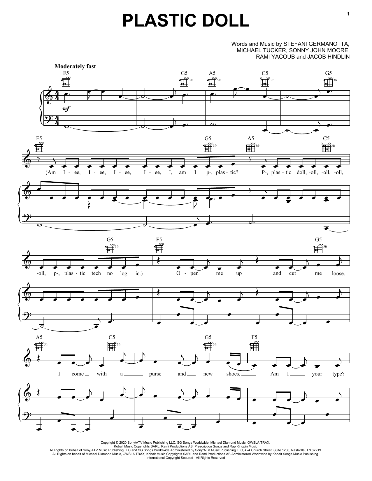 Lady Gaga Plastic Doll sheet music notes and chords. Download Printable PDF.