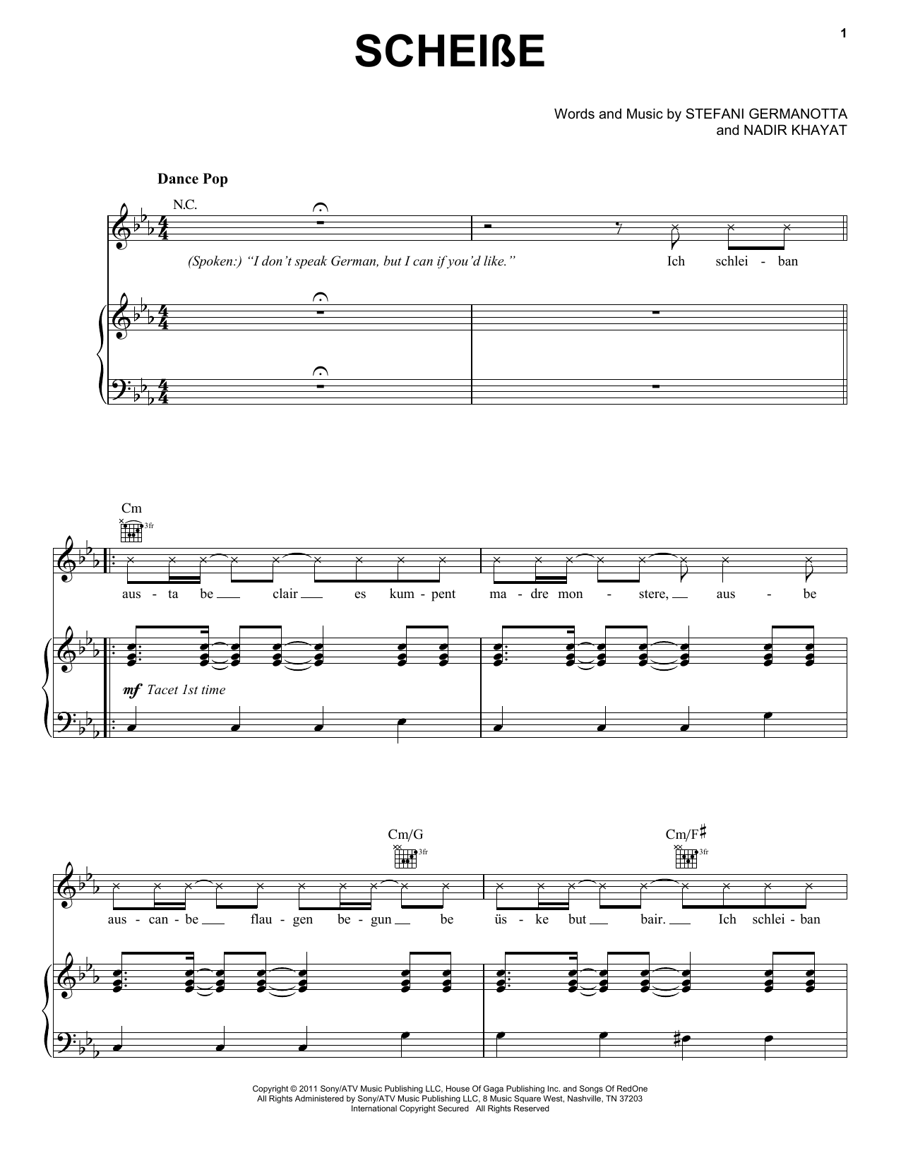 Lady Gaga Scheibe Sheet Music Pdf Notes Chords Pop Score Piano Vocal Guitar Right Hand Melody Download Printable Sku 857