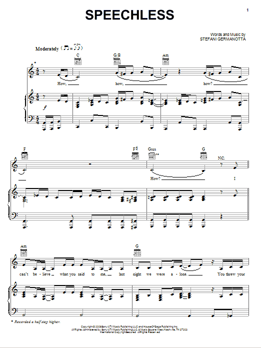 Lady Gaga Speechless Sheet Music PDF Notes Chords Pop Score Very 
