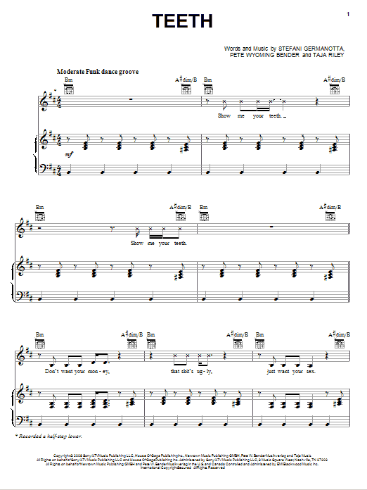 Lady Gaga Teeth sheet music notes and chords. Download Printable PDF.