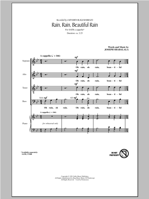 Learn to play Ladysmith Black Mambazo Rain, Rain, Beautiful Rain sheet music for SATB Choir in minutes. Price: 5.8900$ Ladysmith Black Mambazo Rain, Rain, Beautiful Rain sheet music notes and chords. Download Printable PDF.