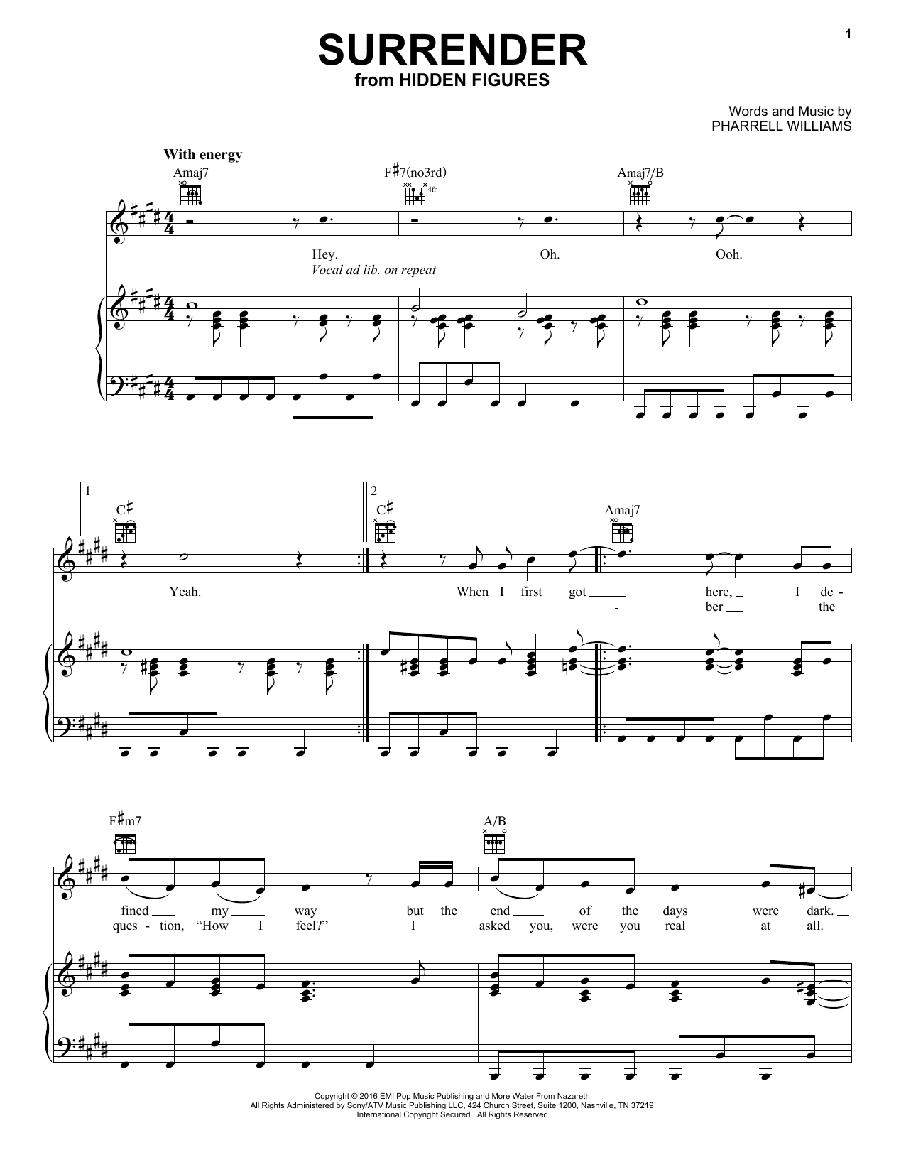 Learn to play Lalah Hathaway and Pharrell Williams Surrender sheet music for Piano, Vocal & Guitar Chords (Right-Hand Melody) in minutes. Price: 7.8900$ Lalah Hathaway and Pharrell Williams Surrender sheet music notes and chords arranged for Piano, Vocal & Guitar Chords (Right-Hand Melody)