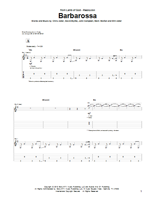 Lamb of God Barbarossa sheet music notes and chords. Download Printable PDF.