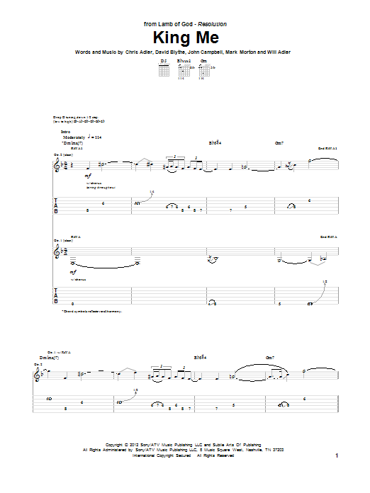 Lamb of God King Me sheet music notes and chords. Download Printable PDF.