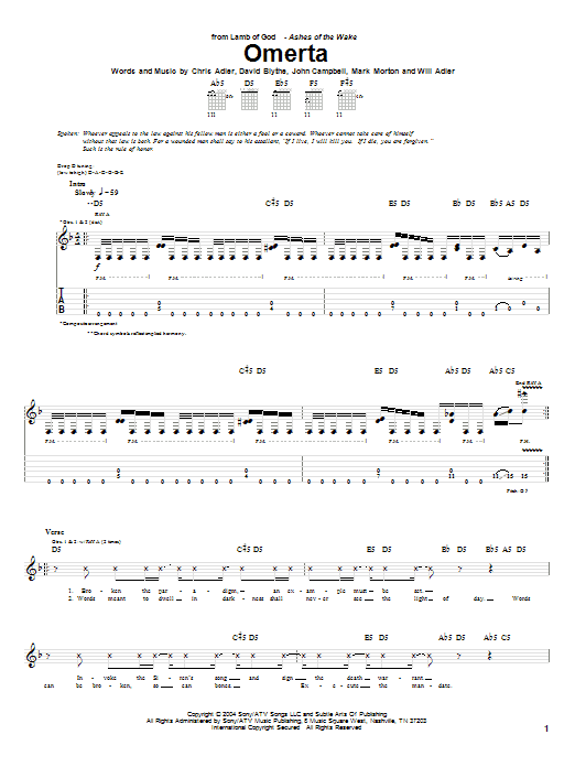 Lamb of God Omerta sheet music notes and chords. Download Printable PDF.