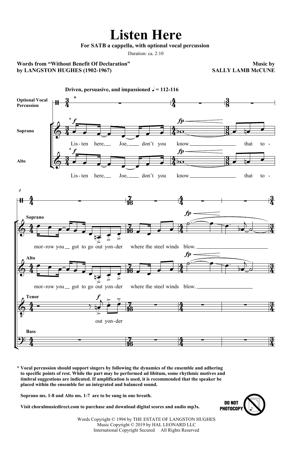 Learn to play Langston Hughes and Sally Lamb McCune Listen Here sheet music for SATB Choir in minutes. Price: 3.9900$ Langston Hughes and Sally Lamb McCune Listen Here sheet music notes and chords arranged for SATB Choir