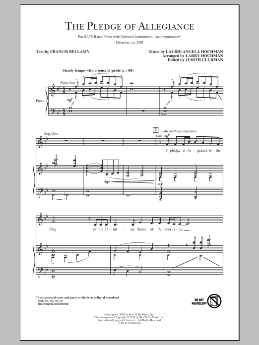 Learn to play Laurie Hochman The Pledge Of Allegiance (arr. Larry Hochman) sheet music for SATB Choir in minutes. Price: 3.9900$ Laurie Hochman The Pledge Of Allegiance (arr. Larry Hochman) sheet music notes and chords arranged for SATB Choir