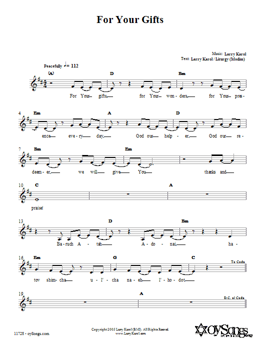 Learn to play Larry Karol For Your Gifts sheet music for Lead Sheet / Fake Book in minutes. Price: 5.9900$ Larry Karol For Your Gifts sheet music notes and chords arranged for Lead Sheet / Fake Book