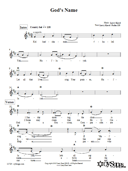 Larry Karol God's Name sheet music notes and chords. Download Printable PDF.