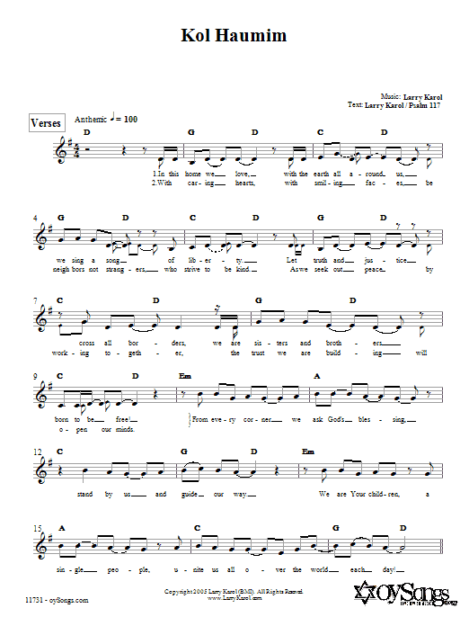 Larry Karol Kol Haumim sheet music notes and chords. Download Printable PDF.