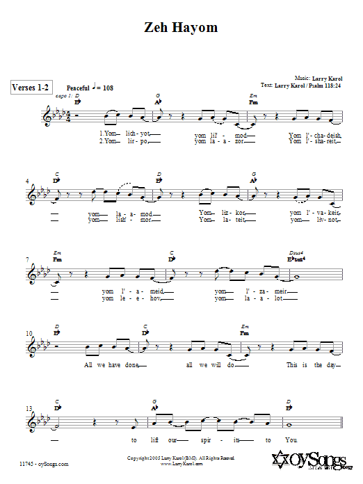 Larry Karol Zeh Hayom sheet music notes and chords. Download Printable PDF.