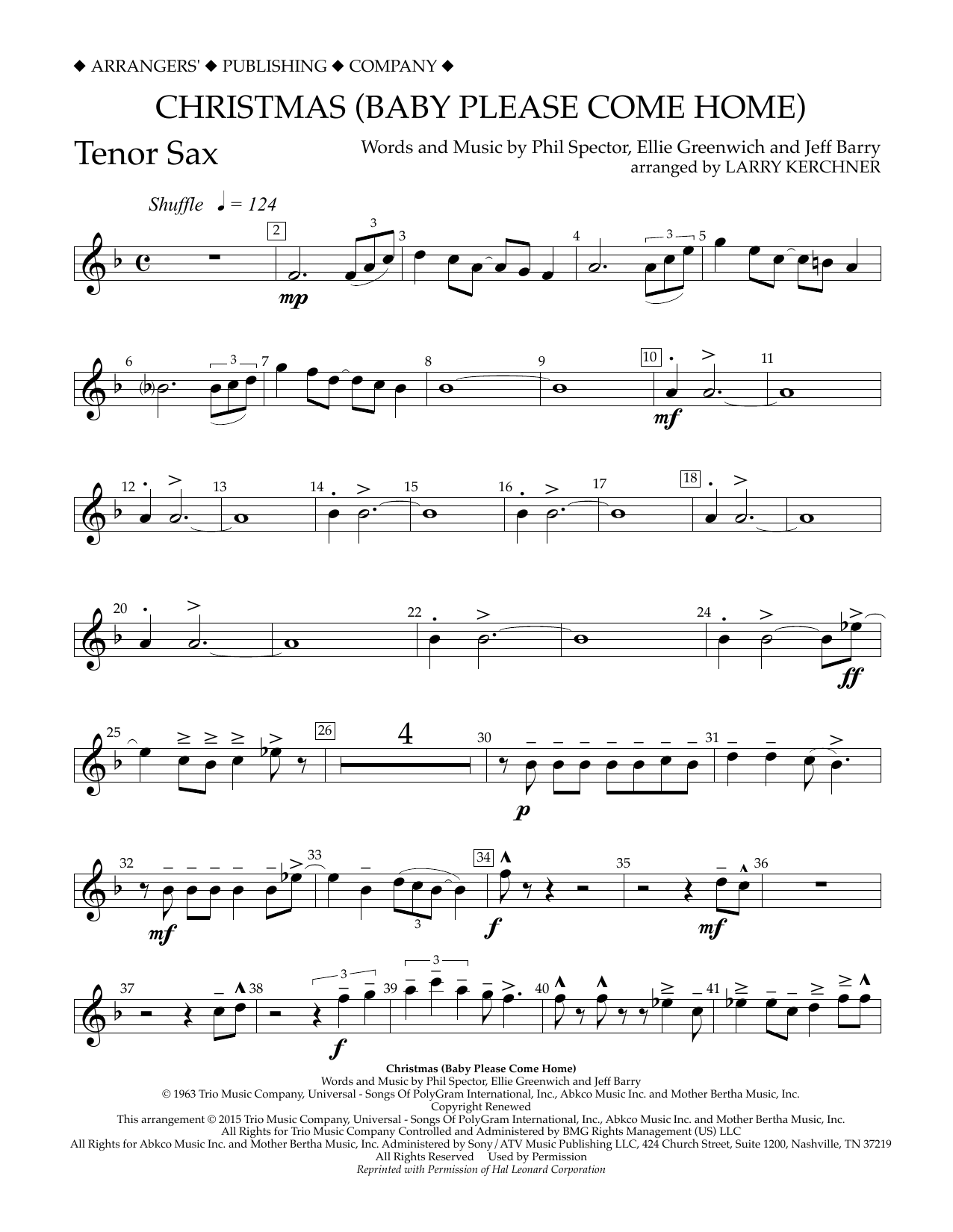 Learn to play Larry Kerchner Christmas (Baby Please Come Home) - Bb Tenor Saxophone sheet music for Concert Band in minutes. Price: 5.9900$ Larry Kerchner Christmas (Baby Please Come Home) - Bb Tenor Saxophone sheet music notes and chords arranged for Concert Band