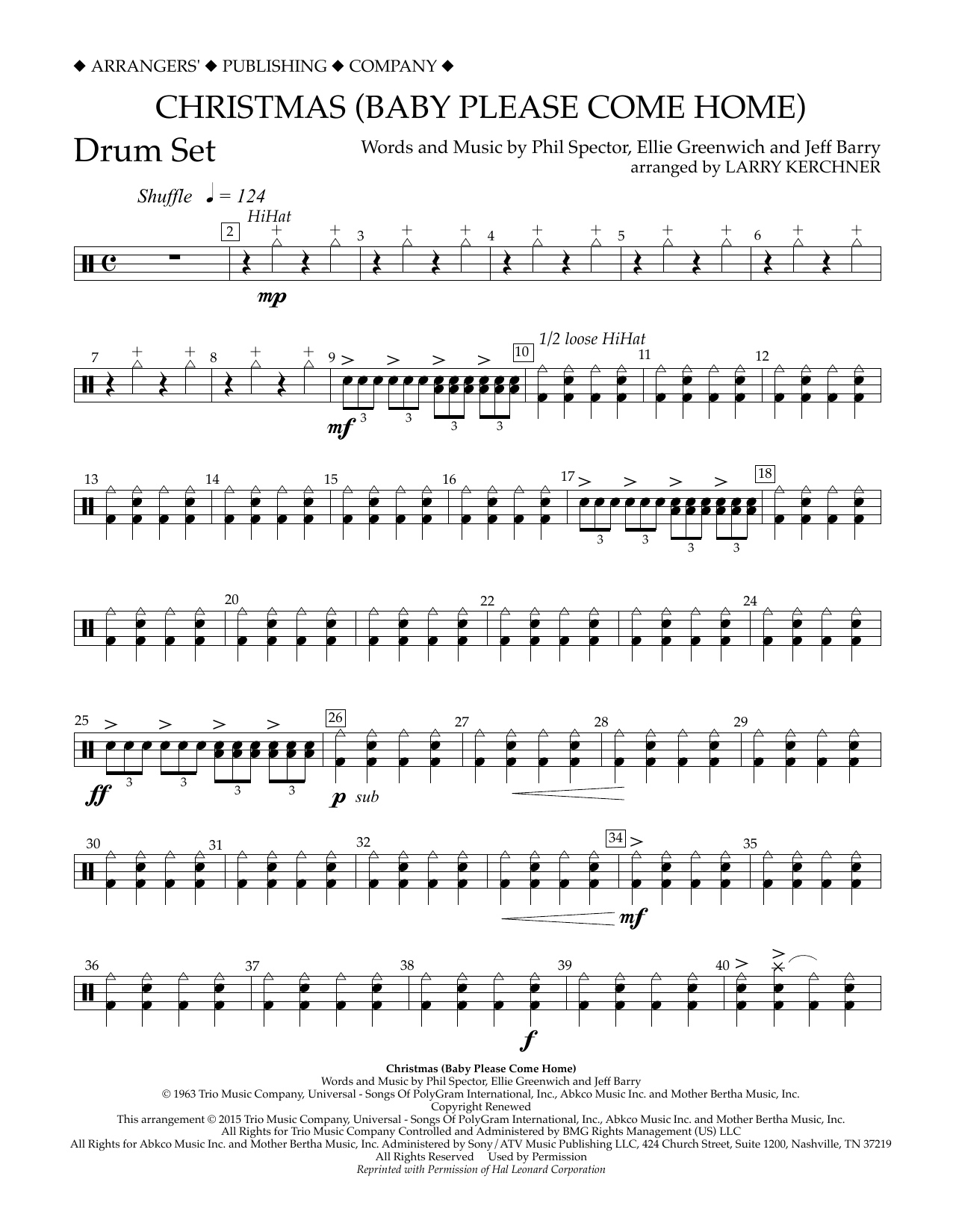 Learn to play Larry Kerchner Christmas (Baby Please Come Home) - Drum Set sheet music for Concert Band in minutes. Price: 5.9900$ Larry Kerchner Christmas (Baby Please Come Home) - Drum Set sheet music notes and chords arranged for Concert Band