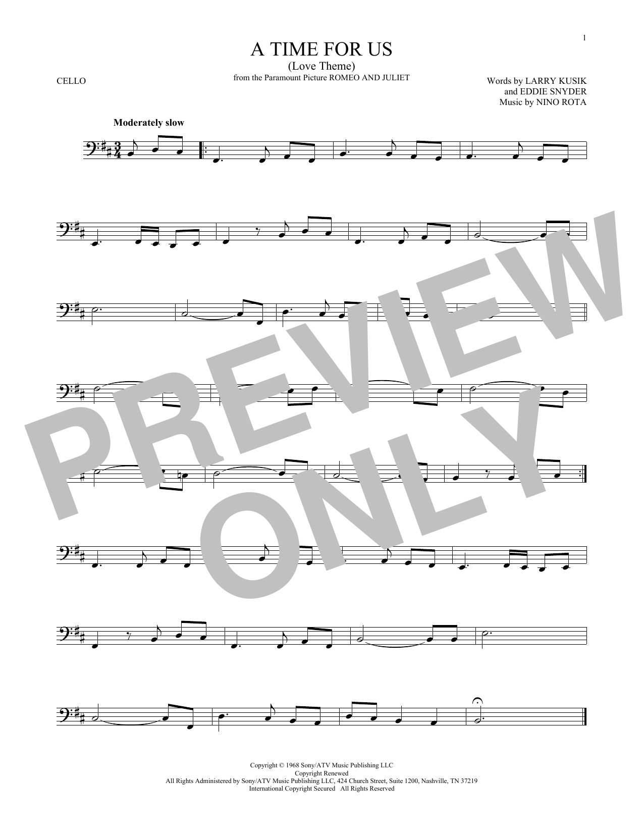 Learn to play Larry Kusik A Time For Us (Love Theme) sheet music for Cello Solo in minutes. Larry Kusik A Time For Us (Love Theme) sheet music notes and chords. Download Printable PDF.
