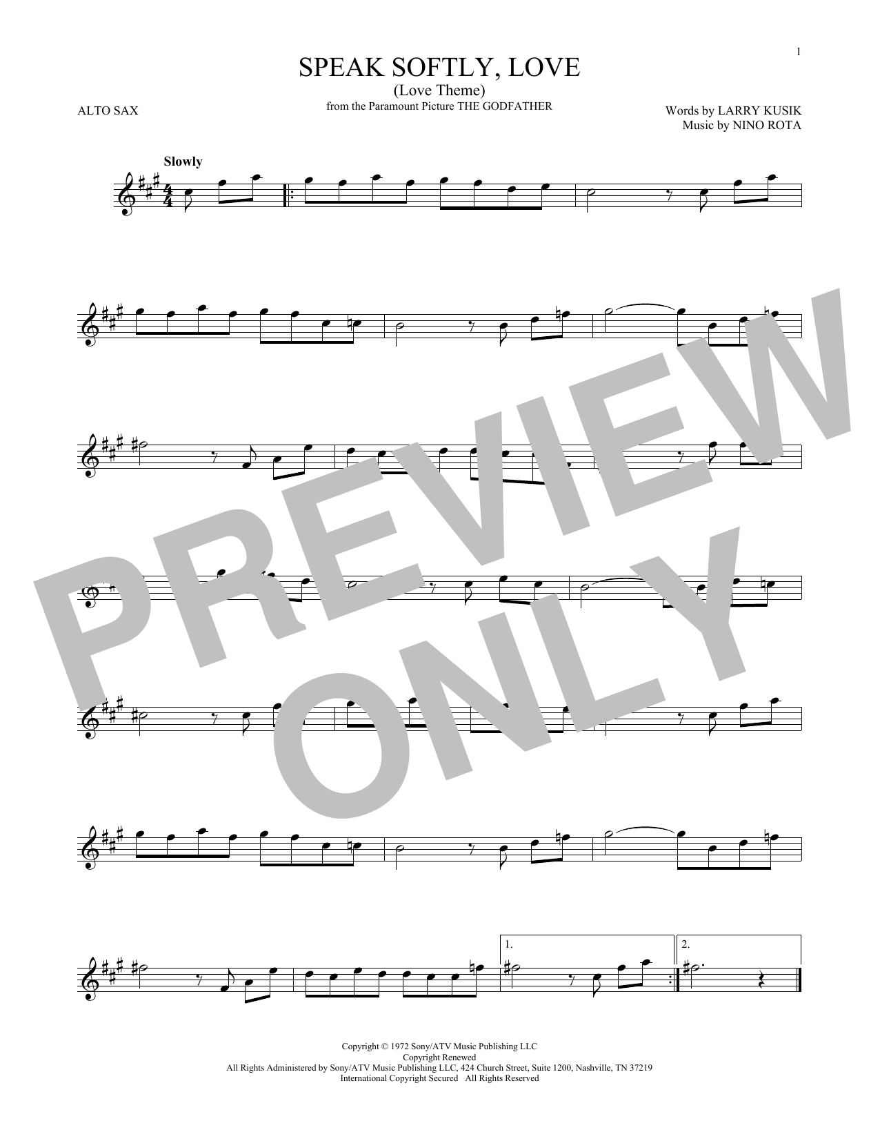 Learn to play Larry Kusik Speak Softly, Love (Love Theme) sheet music for Alto Sax Solo in minutes. Larry Kusik Speak Softly, Love (Love Theme) sheet music notes and chords. Download Printable PDF.